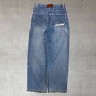 vintage 90s dickies workwear baggy jeans with embroidered spellout pocket logo on durable blue denim