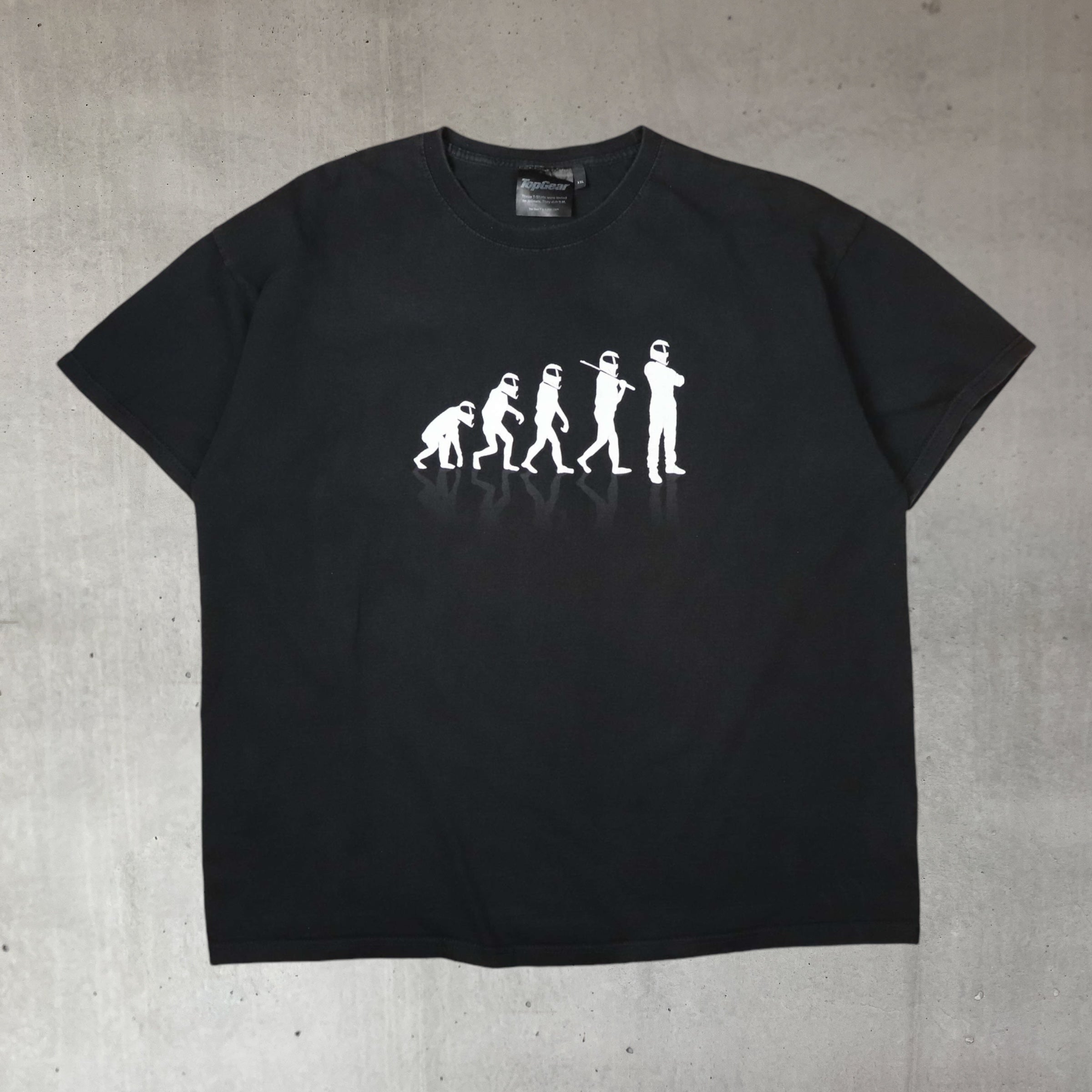 vintage top gear british racing tv show promo t shirt with an evolution of stig graphic